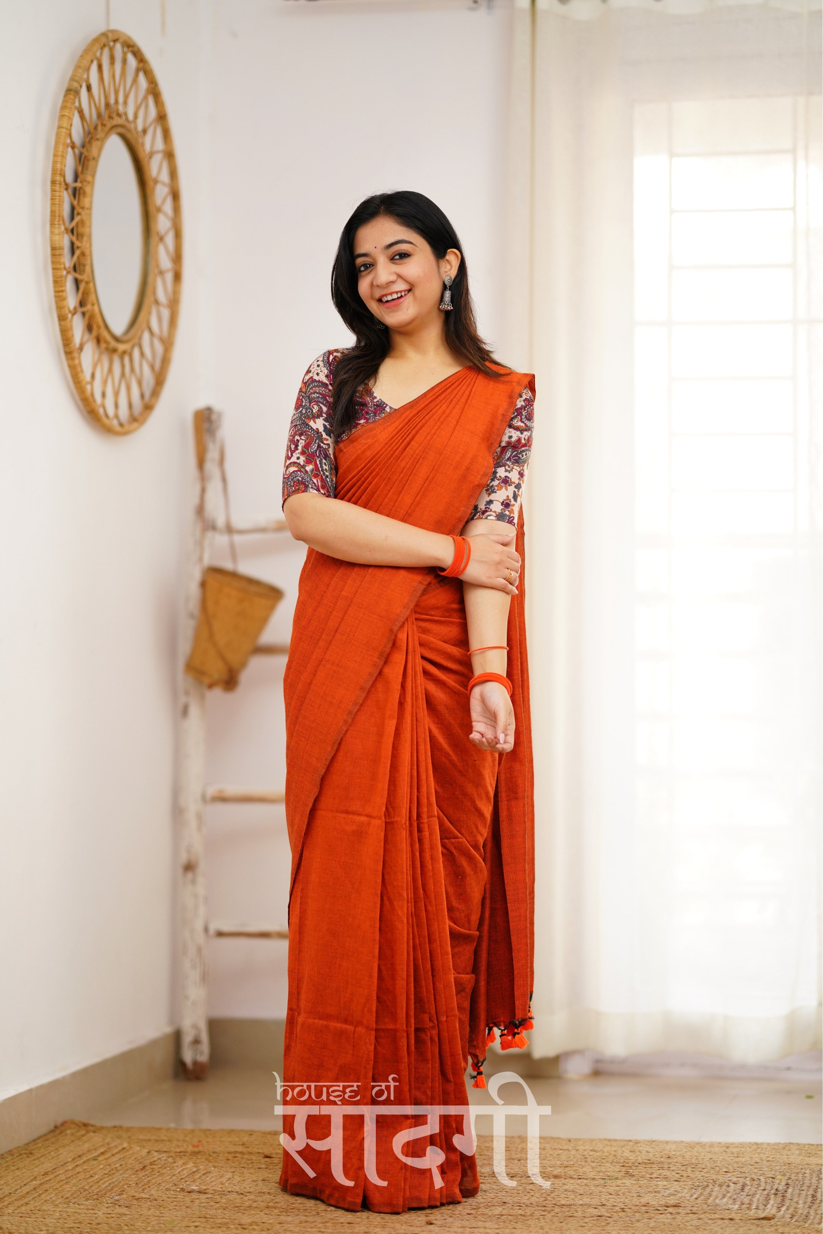 Orange Handloom Khadi Cotton Saree With Mango Print Blouse