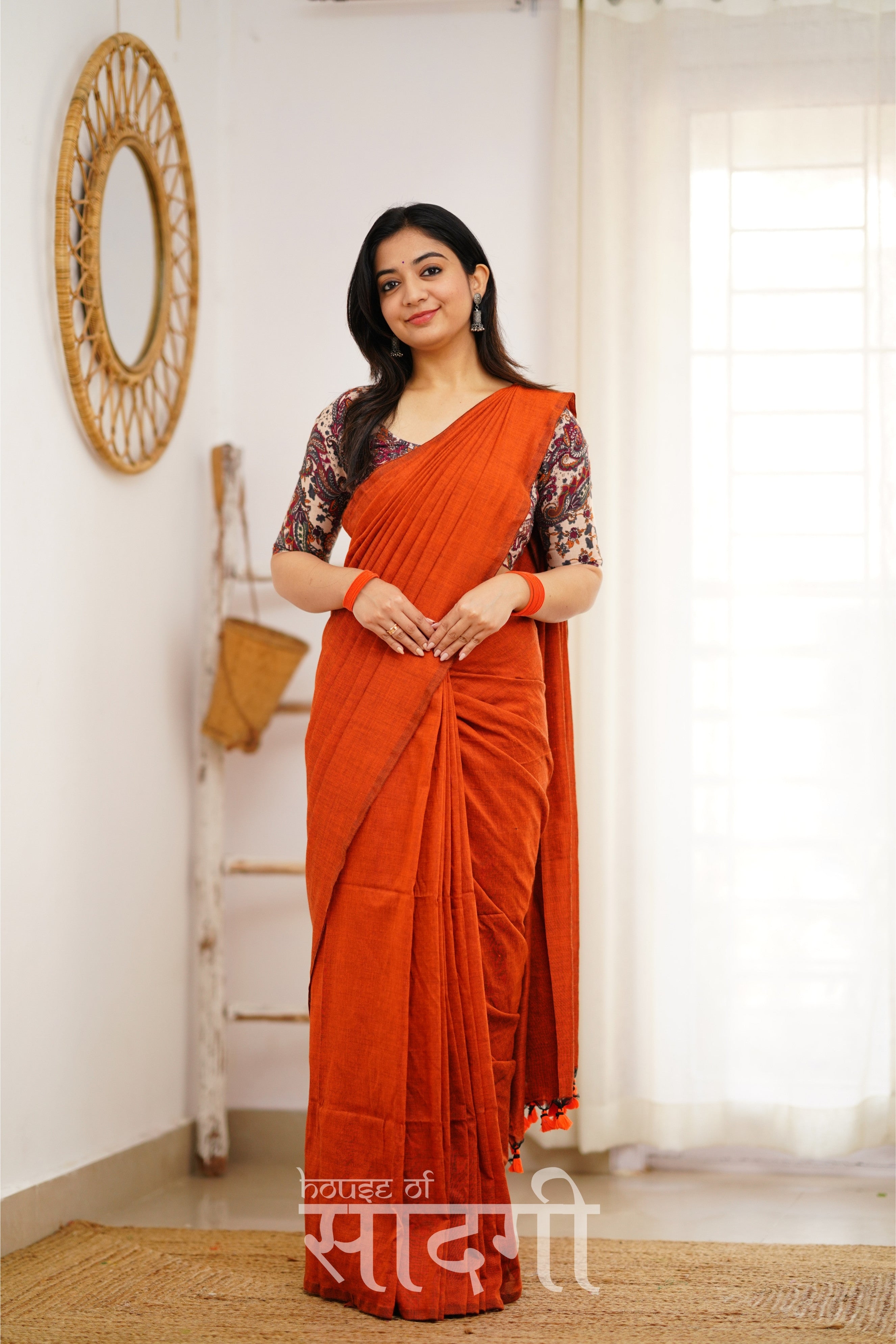 Orange Handloom Khadi Cotton Saree With Mango Print Blouse