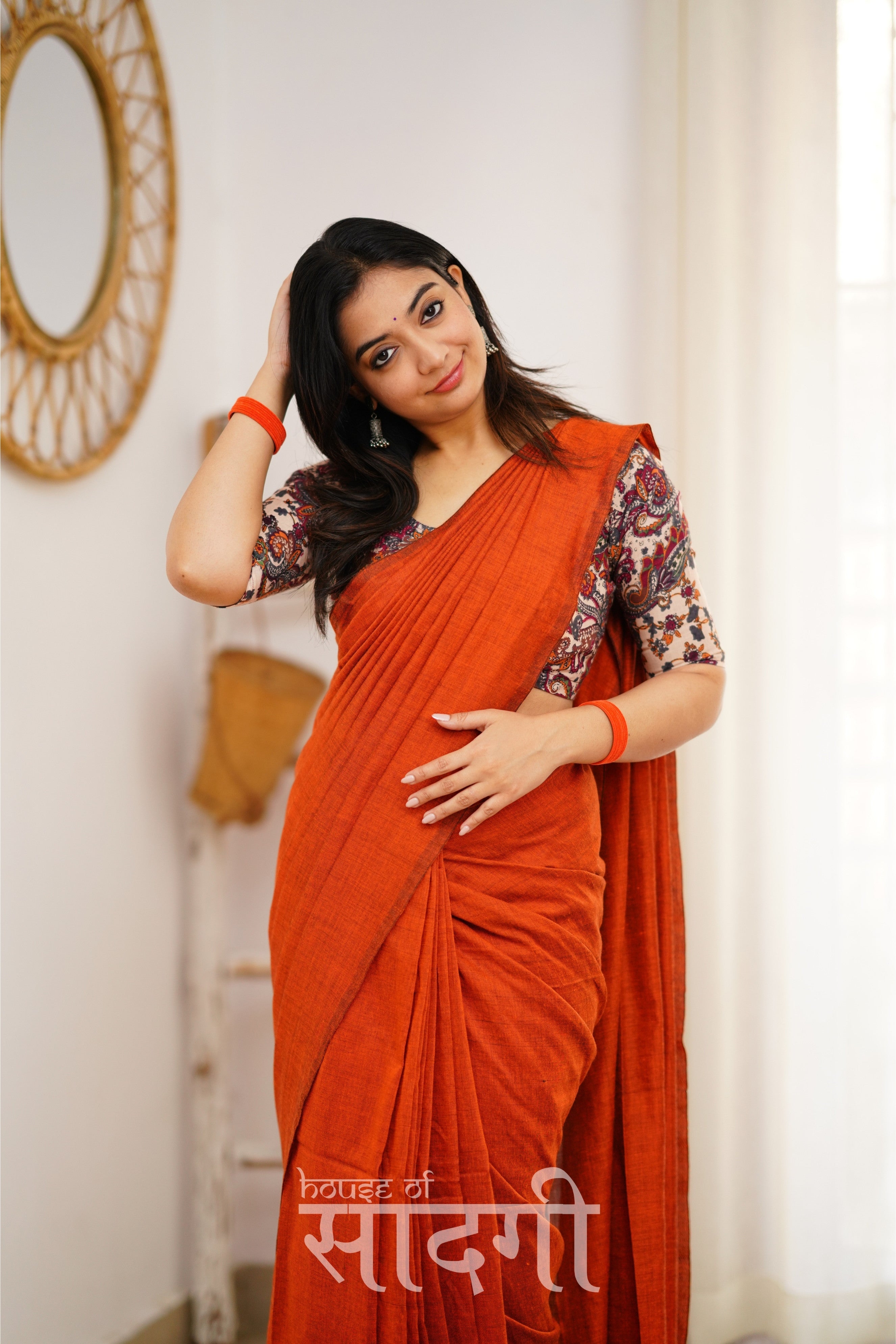 Orange Handloom Khadi Cotton Saree With Mango Print Blouse