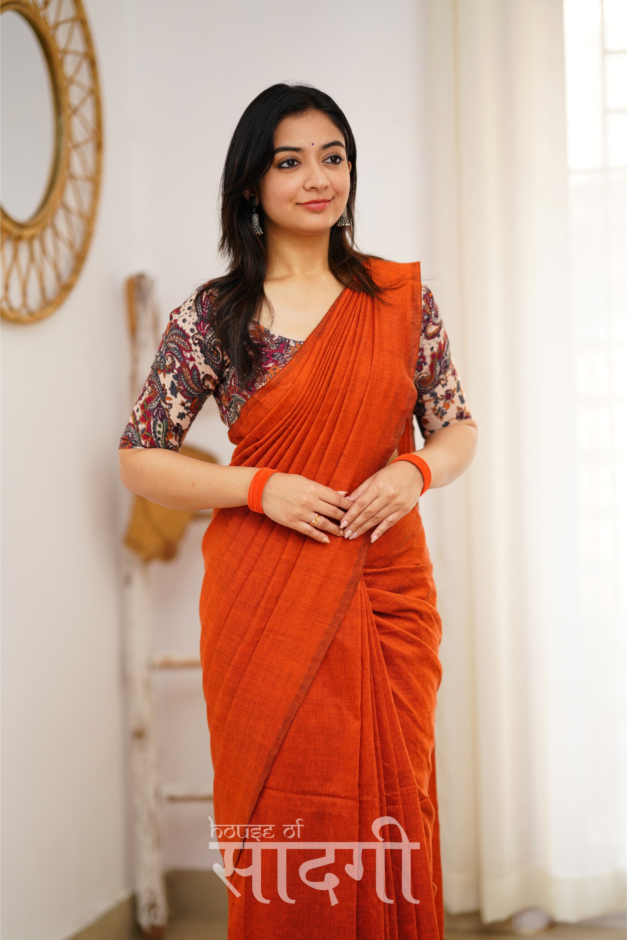 Orange Handloom Khadi Cotton Saree With Mango Print Blouse