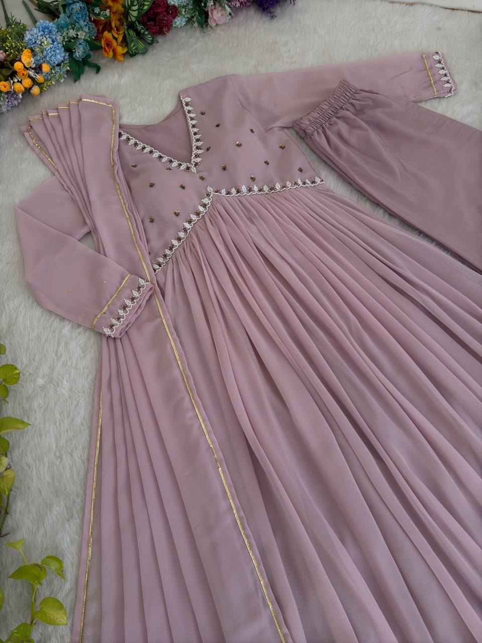 Lavender Colour Fox Georgetta Hand work Anarkali Suit