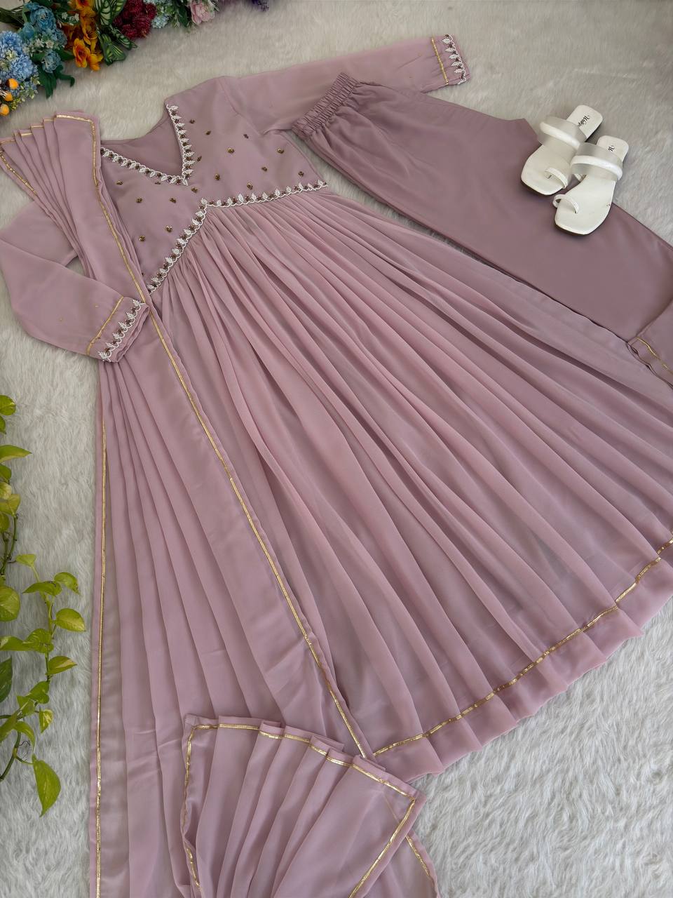 Lavender Colour Fox Georgetta Hand work Anarkali Suit