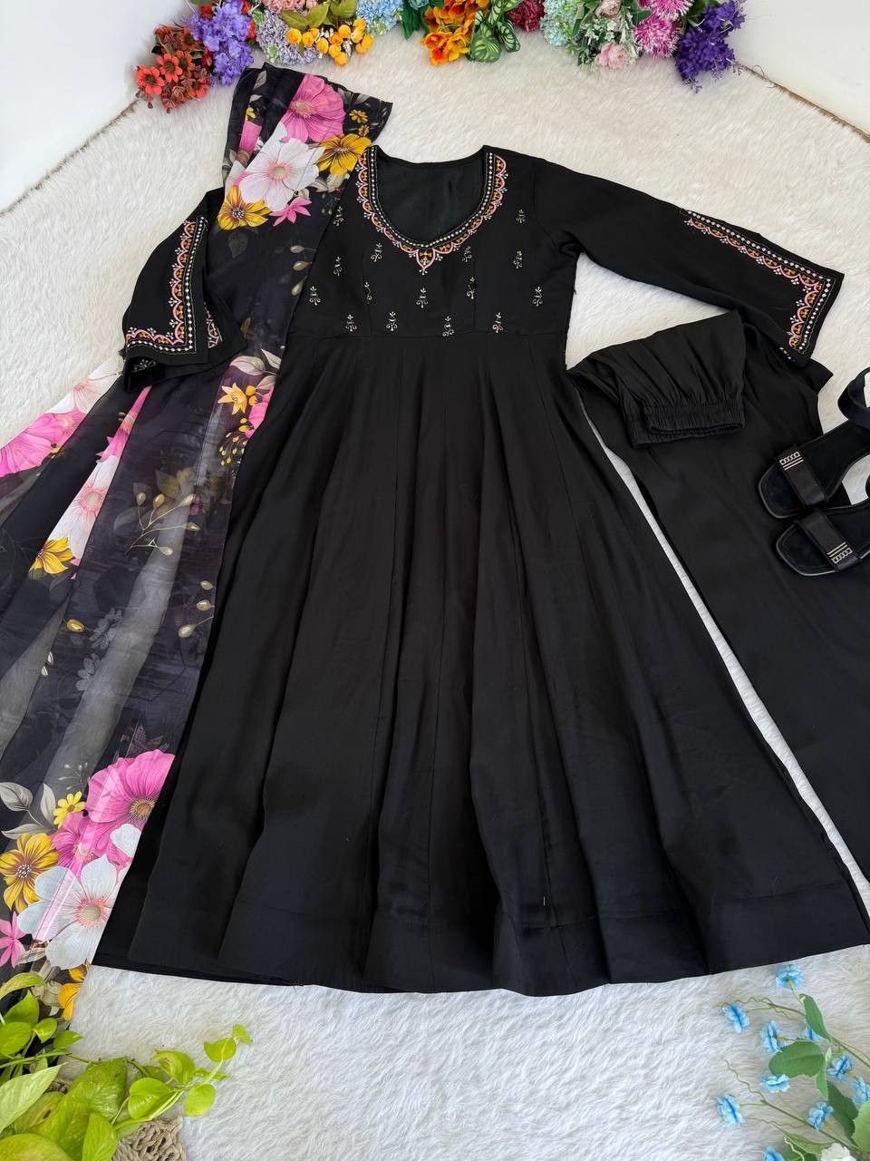 Black Color Fox Georgetta Hand work Anarkali Suit