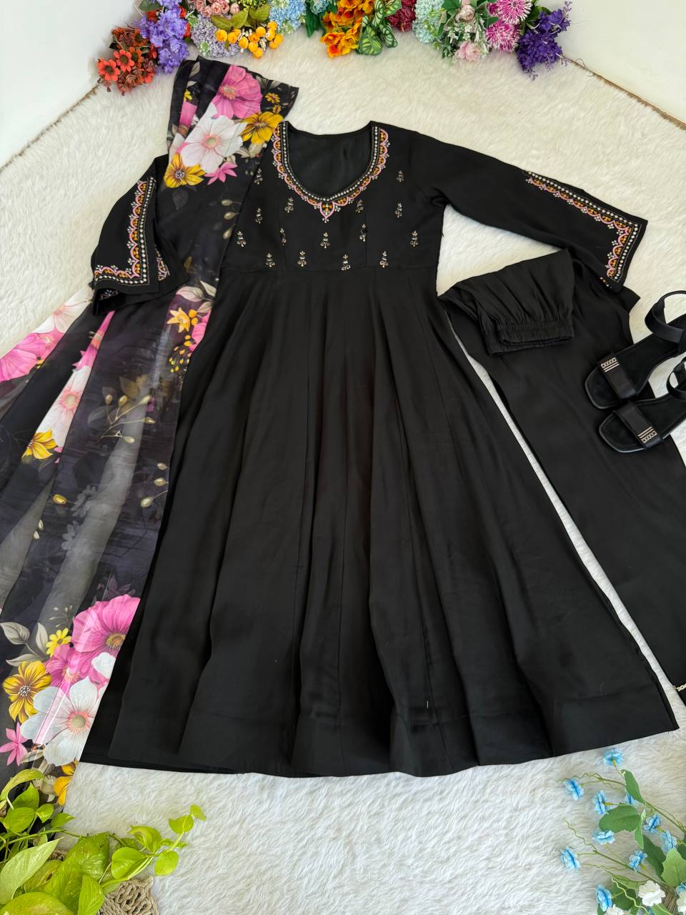 Black Color Fox Georgetta Hand work Anarkali Suit