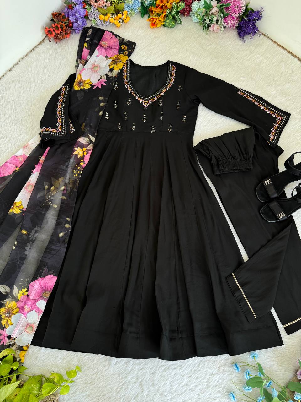 Black Color Fox Georgetta Hand work Anarkali Suit