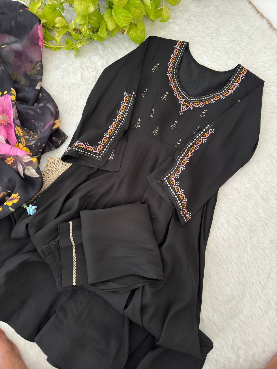 Black Color Fox Georgetta Hand work Anarkali Suit