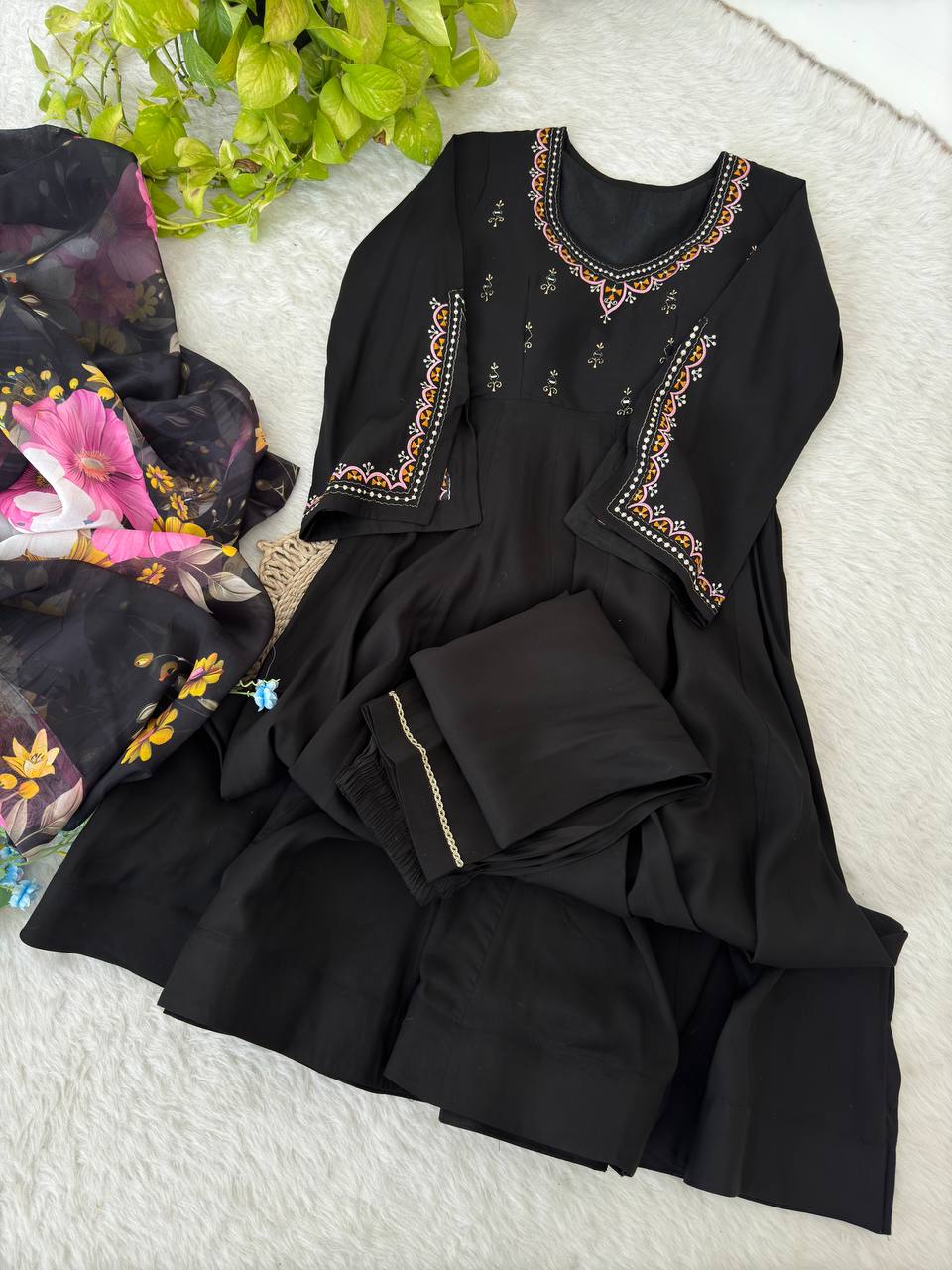 Black Color Fox Georgetta Hand work Anarkali Suit