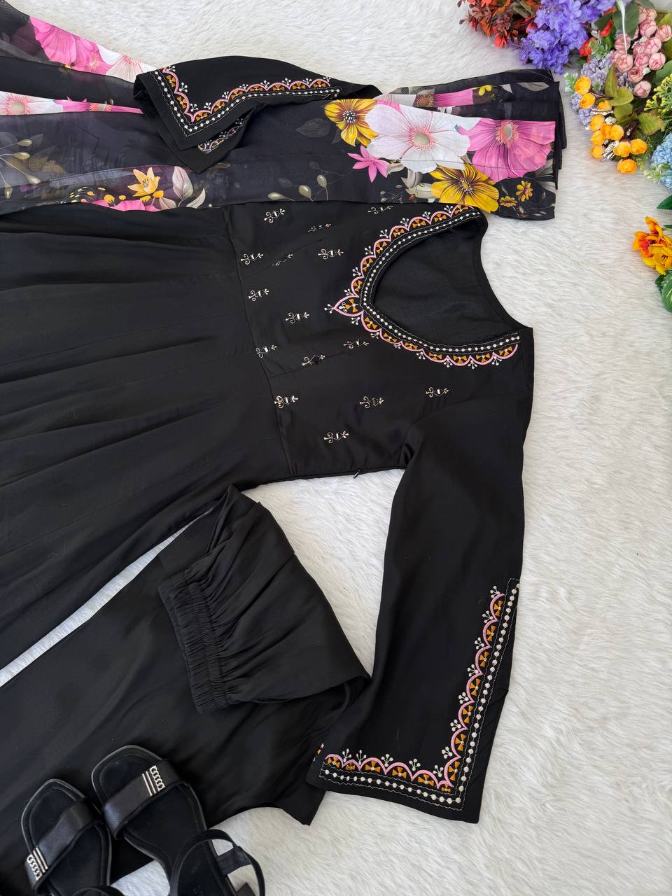 Black Color Fox Georgetta Hand work Anarkali Suit