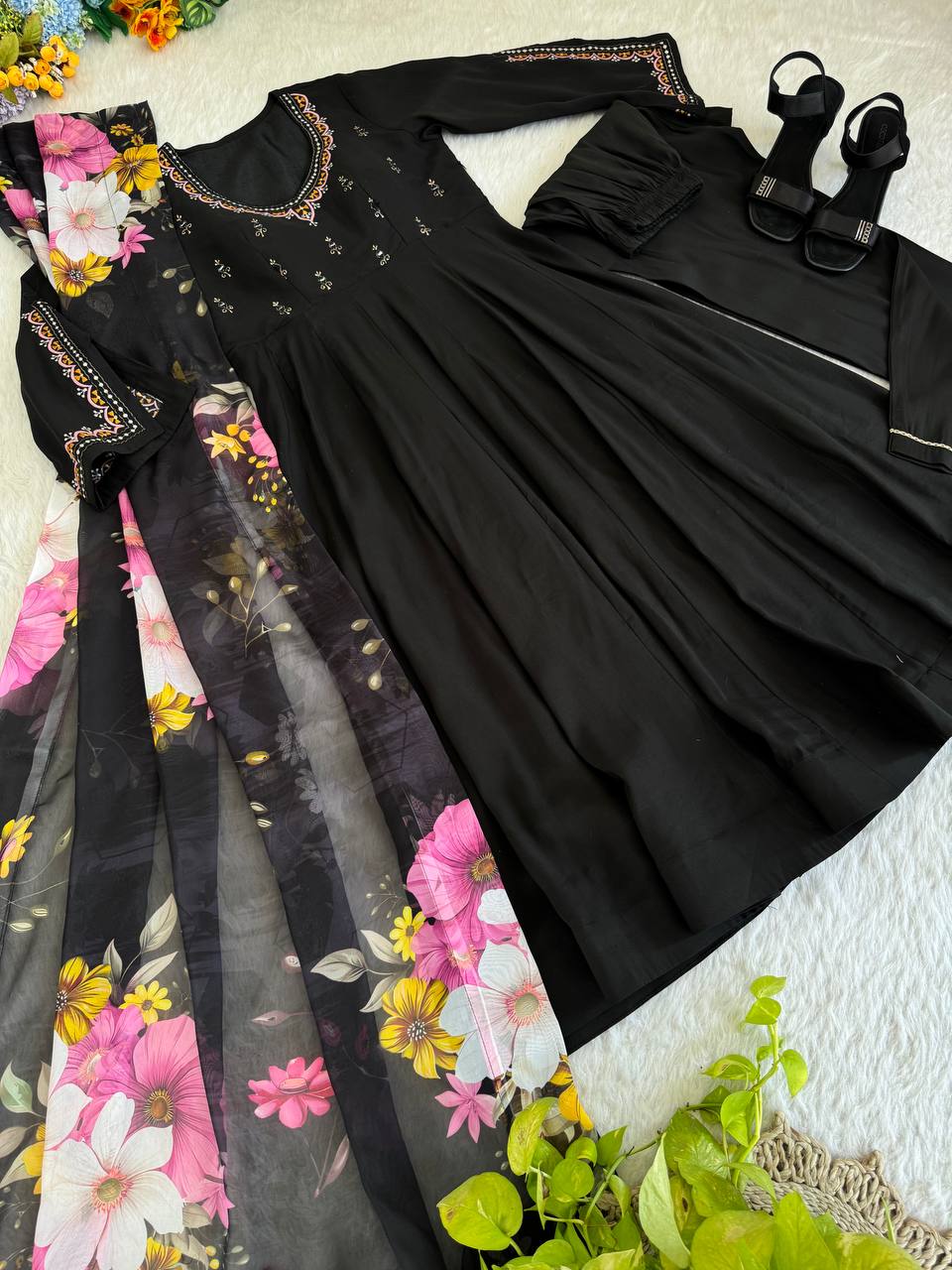 Black Color Fox Georgetta Hand work Anarkali Suit