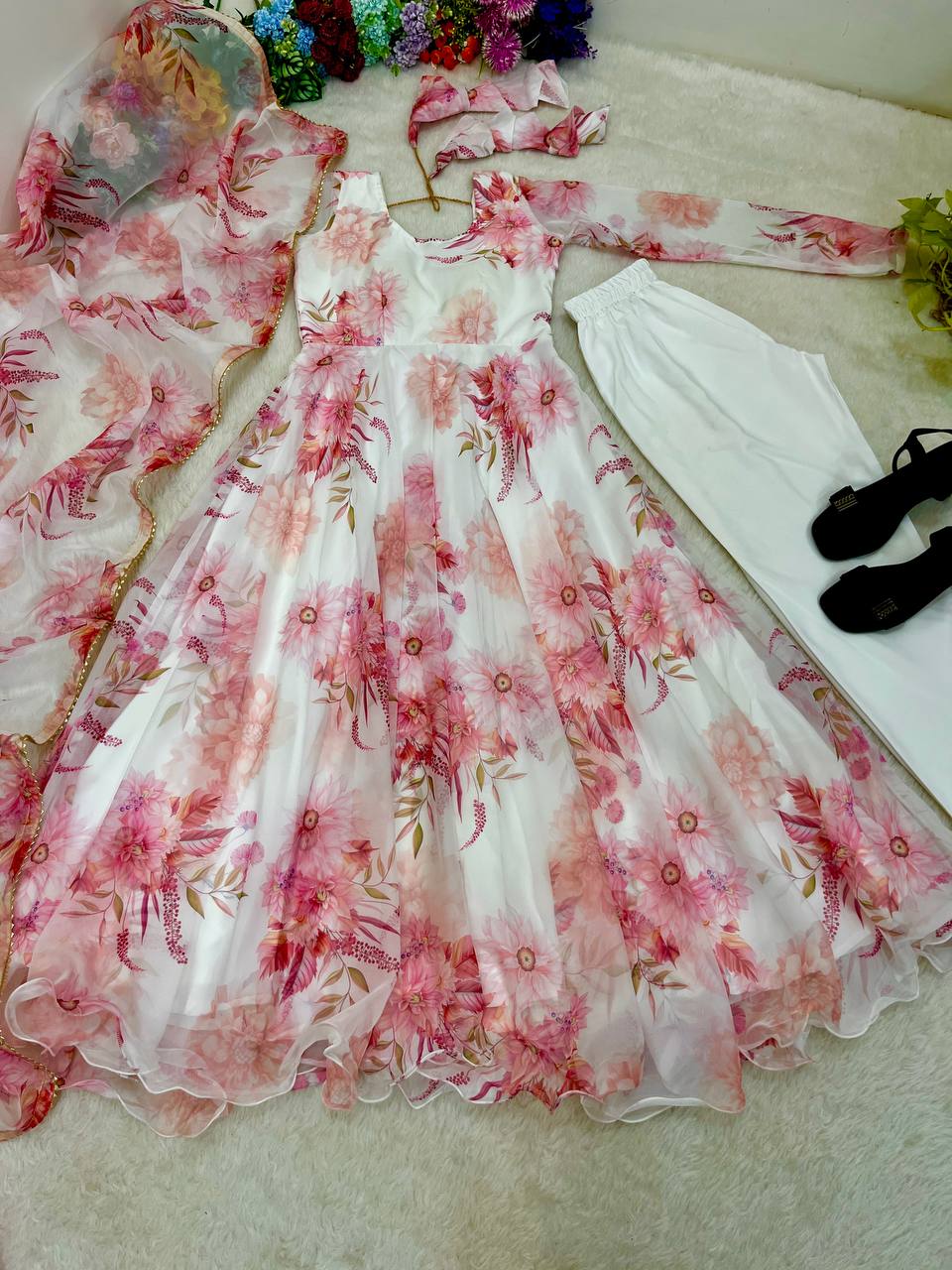 WHite Flower Printed  Organza Taby Silk Gown With Dupatta