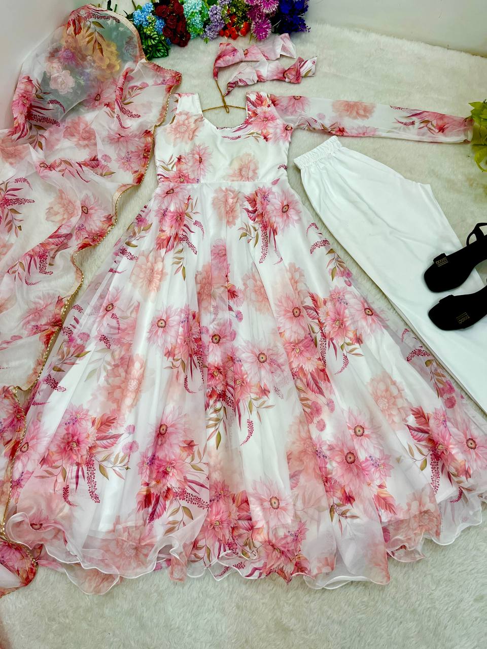 WHite Flower Printed  Organza Taby Silk Gown With Dupatta