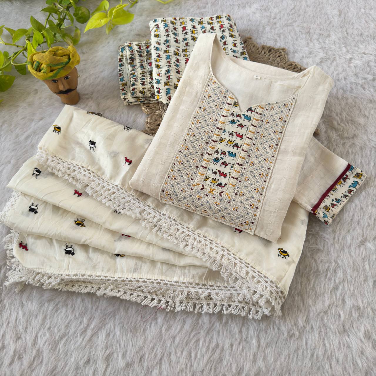 White Cotton Kurta Pant With Dupatta