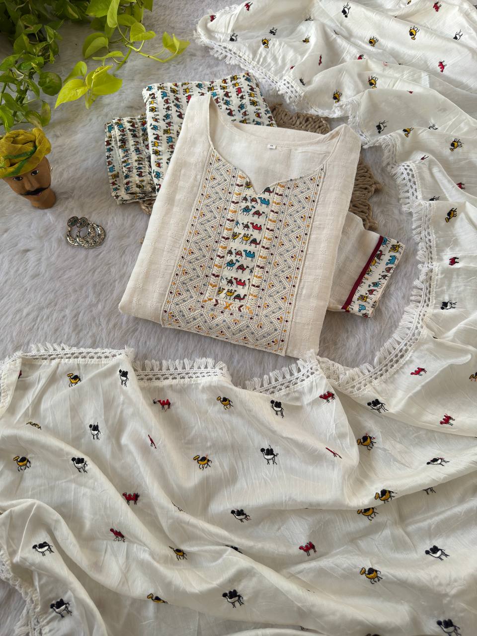 White Cotton Kurta Pant With Dupatta