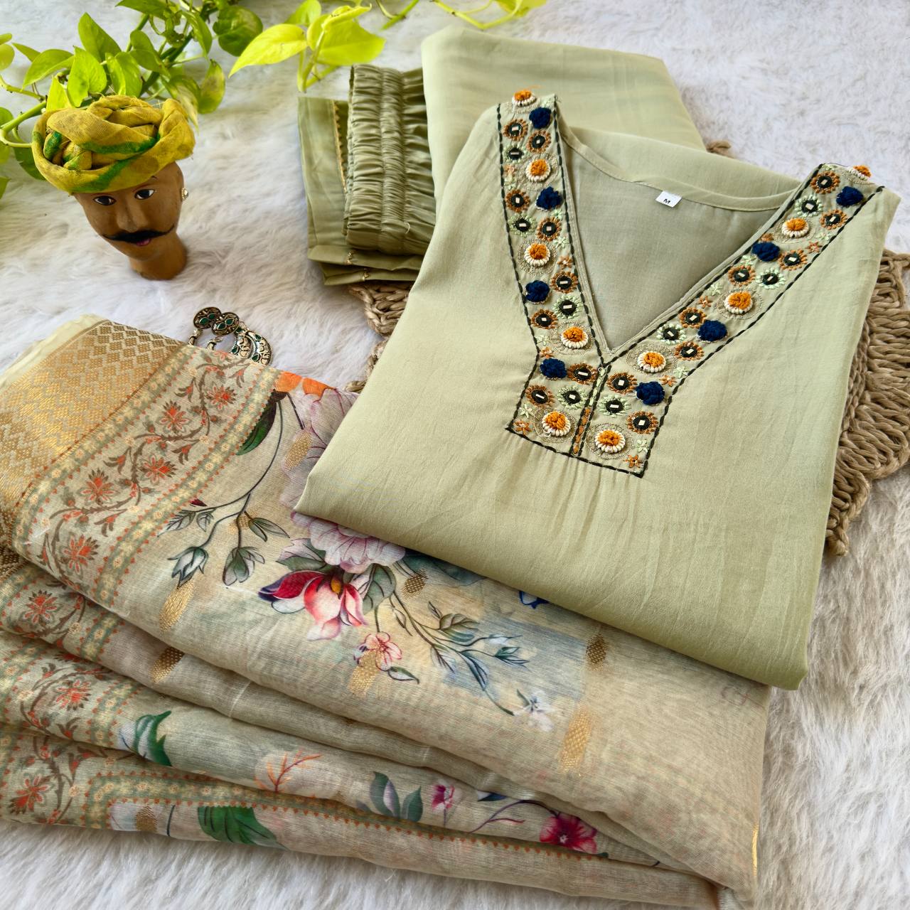 Pista Color Roman Silk Hand Work Kurta Pant With Dupatta