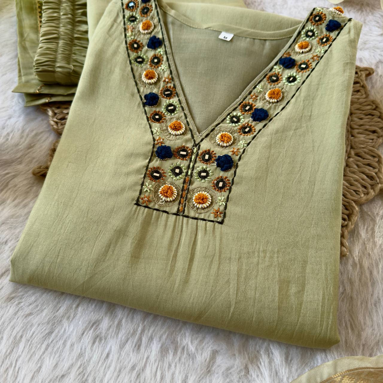 Pista Color Roman Silk Hand Work Kurta Pant With Dupatta