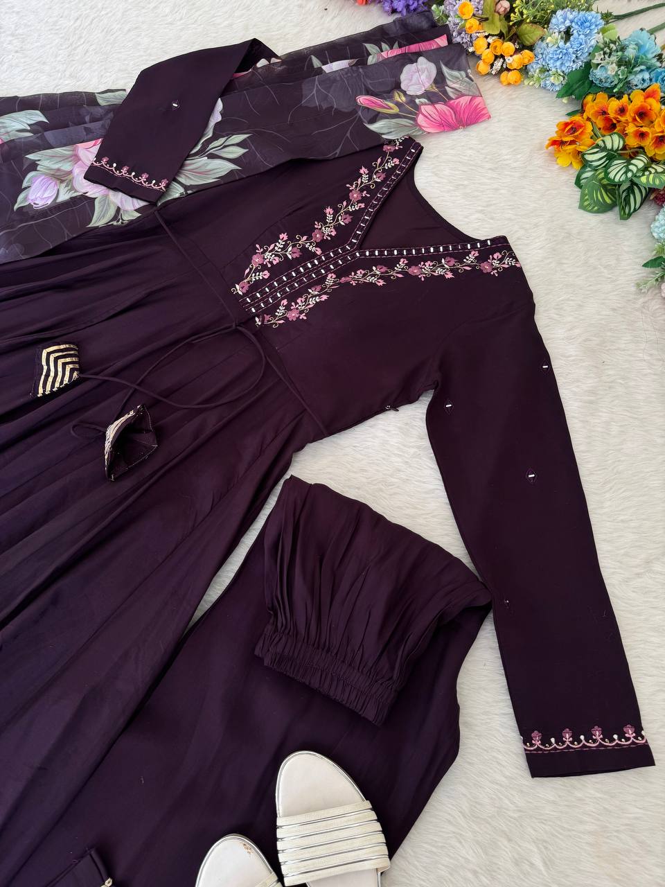 Dark Wine Embroidery Work Anarkali Suit