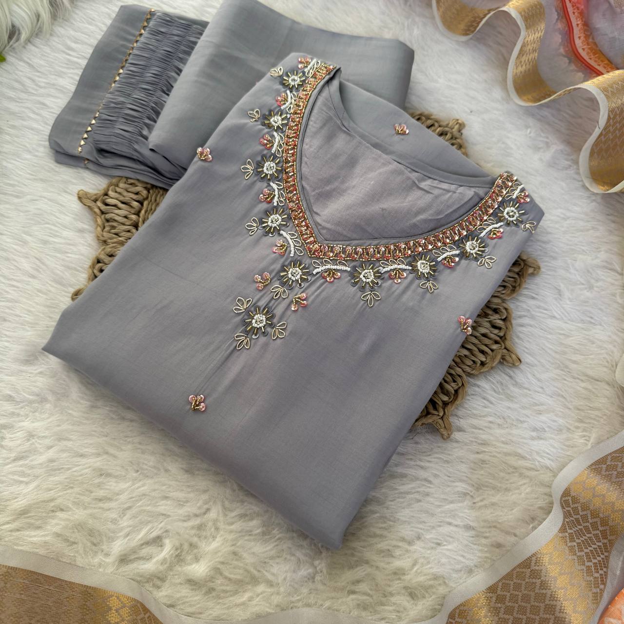 Grey Color Roman Silk Kurta Set