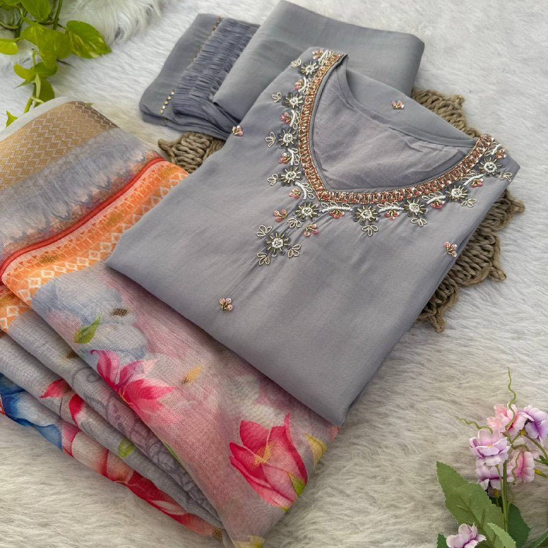 Grey Color Roman Silk Kurta Set