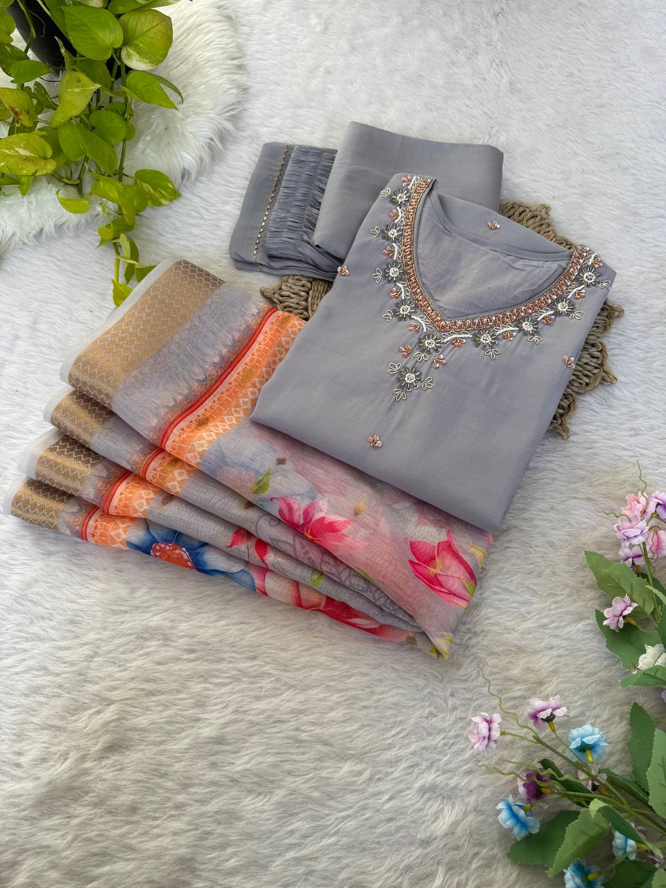 Grey Color Roman Silk Kurta Set