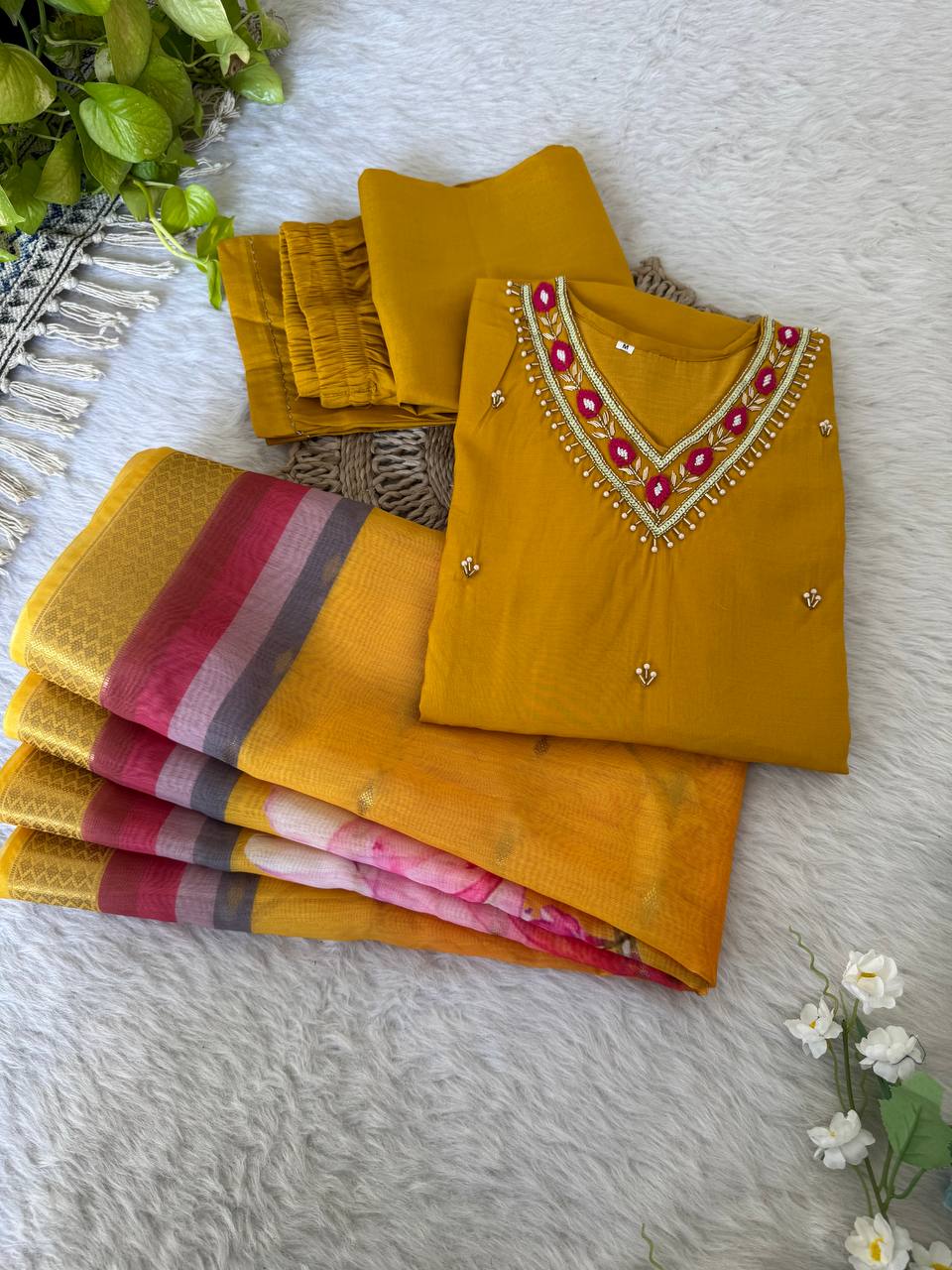 Yellow Color Roman Silk Kurta Set