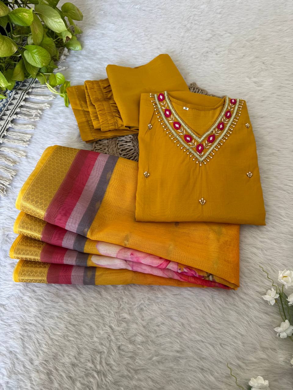 Yellow Color Roman Silk Kurta Set