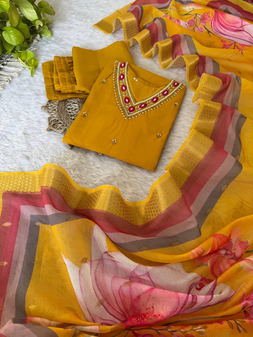 Yellow Color Roman Silk Kurta Set