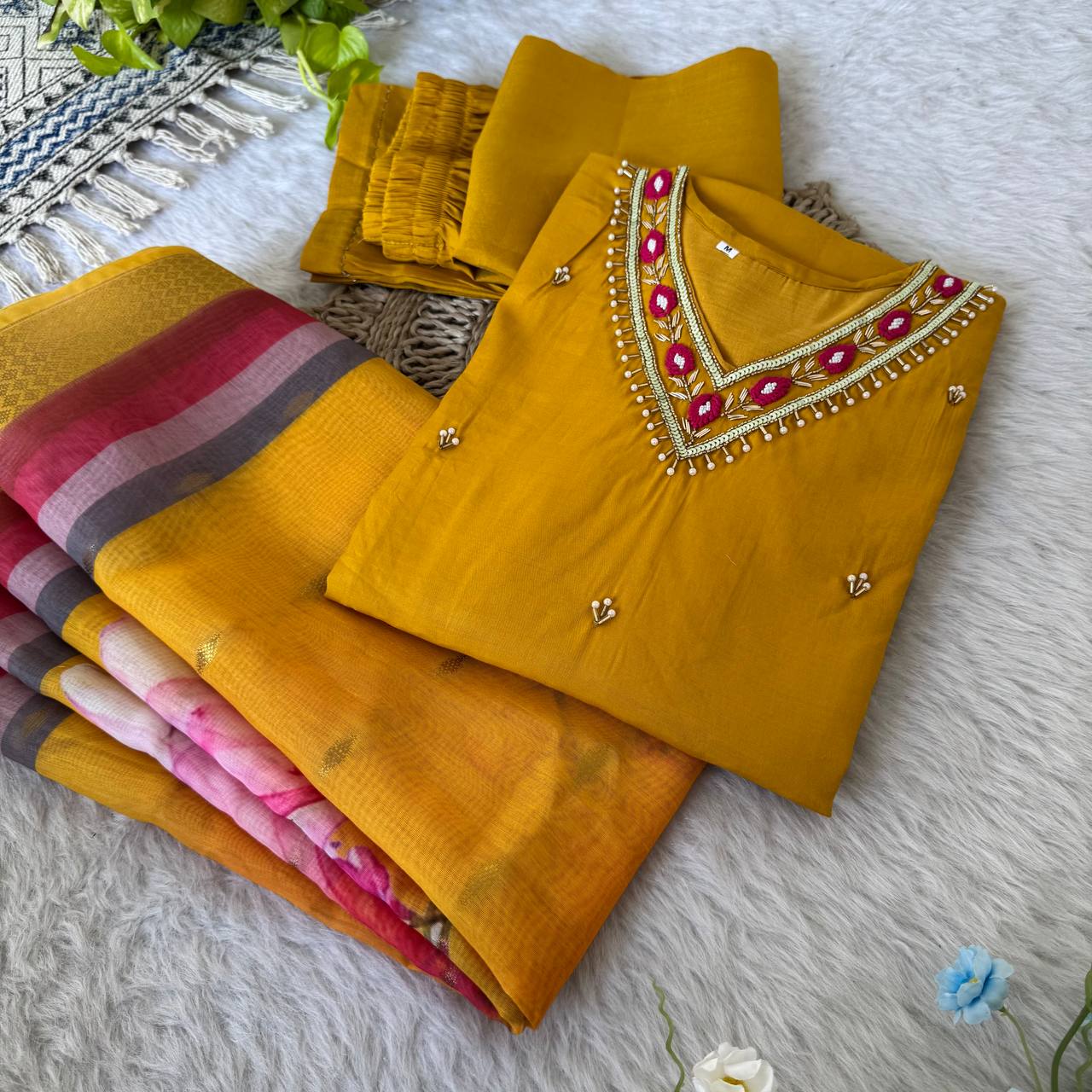 Yellow Color Roman Silk Kurta Set