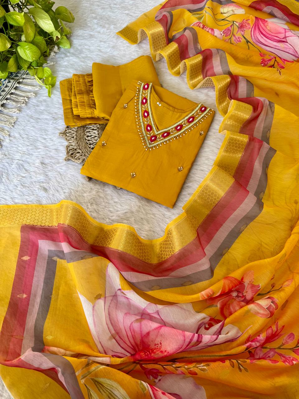 Yellow Color Roman Silk Kurta Set