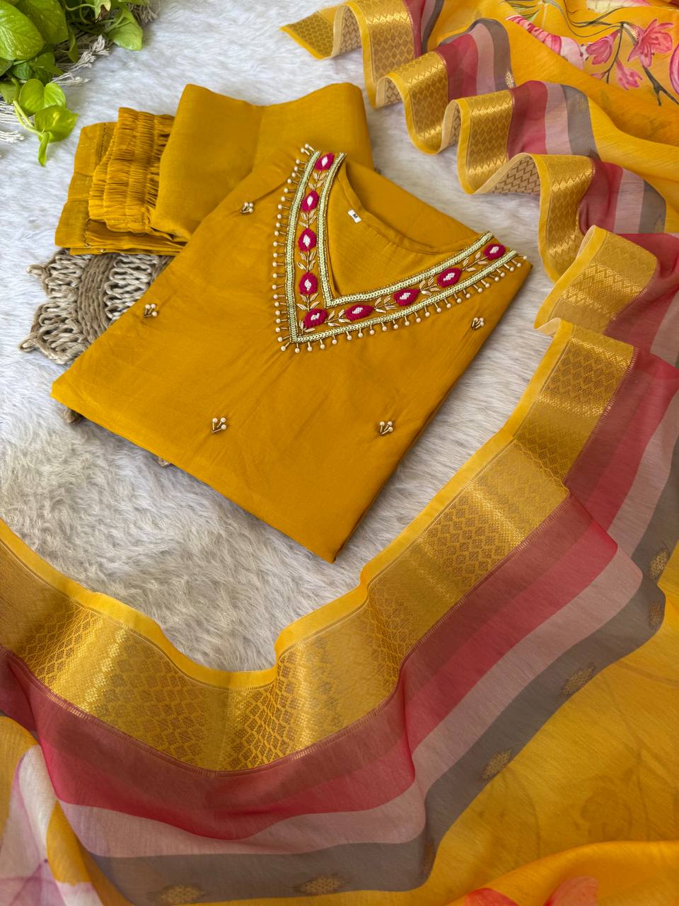 Yellow Color Roman Silk Kurta Set