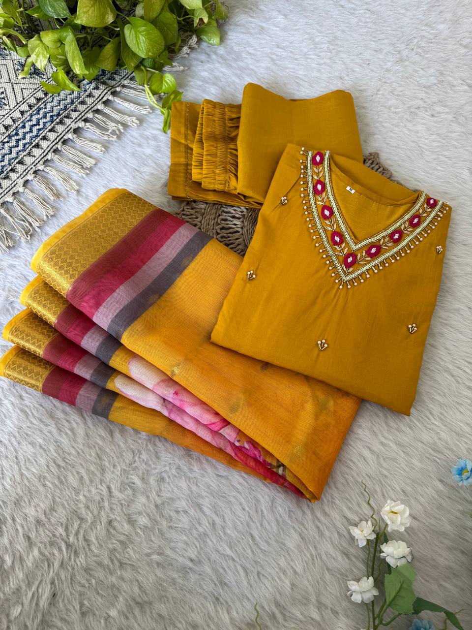 Yellow Color Roman Silk Kurta Set