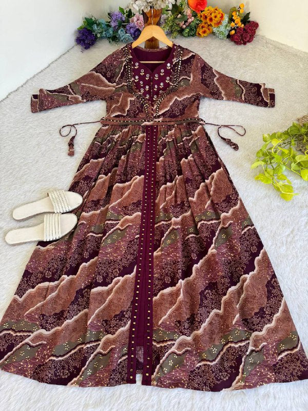 Wine Exquisite Hand Embroidered And Handwork Gown