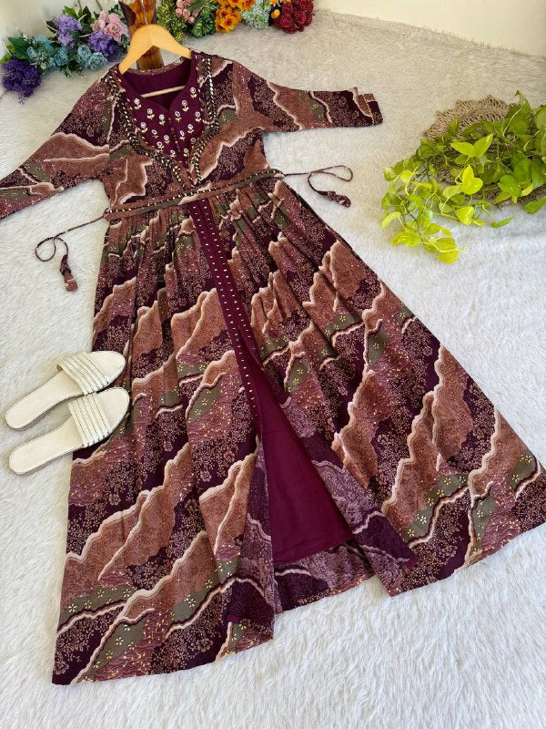 Wine Exquisite Hand Embroidered And Handwork Gown