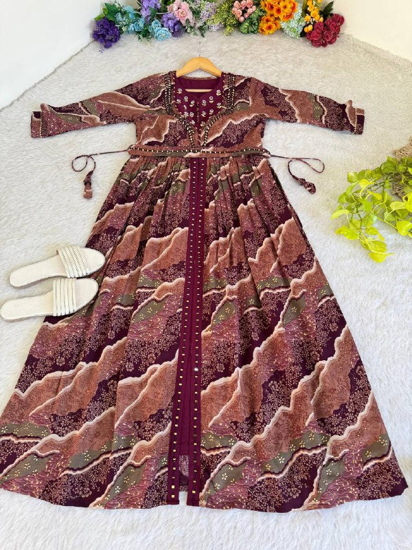 Wine Exquisite Hand Embroidered And Handwork Gown