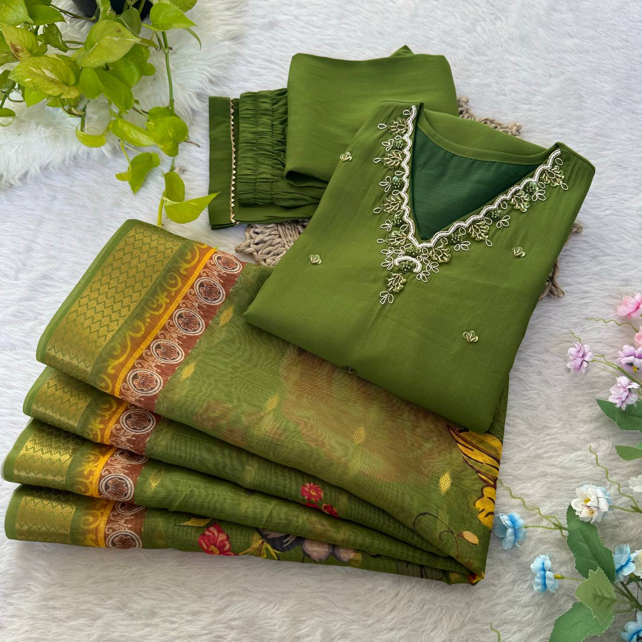 Mehndi Color Hand Work Kurta Pant Set