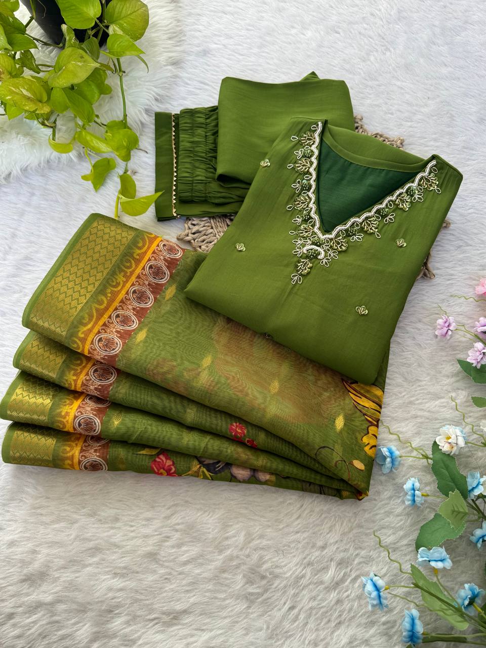 Mehndi Color Hand Work Kurta Pant Set