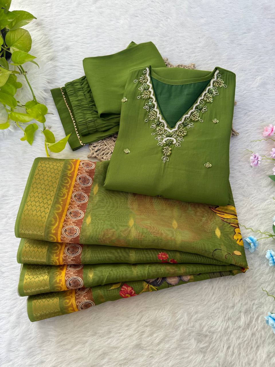 Mehndi Color Hand Work Kurta Pant Set