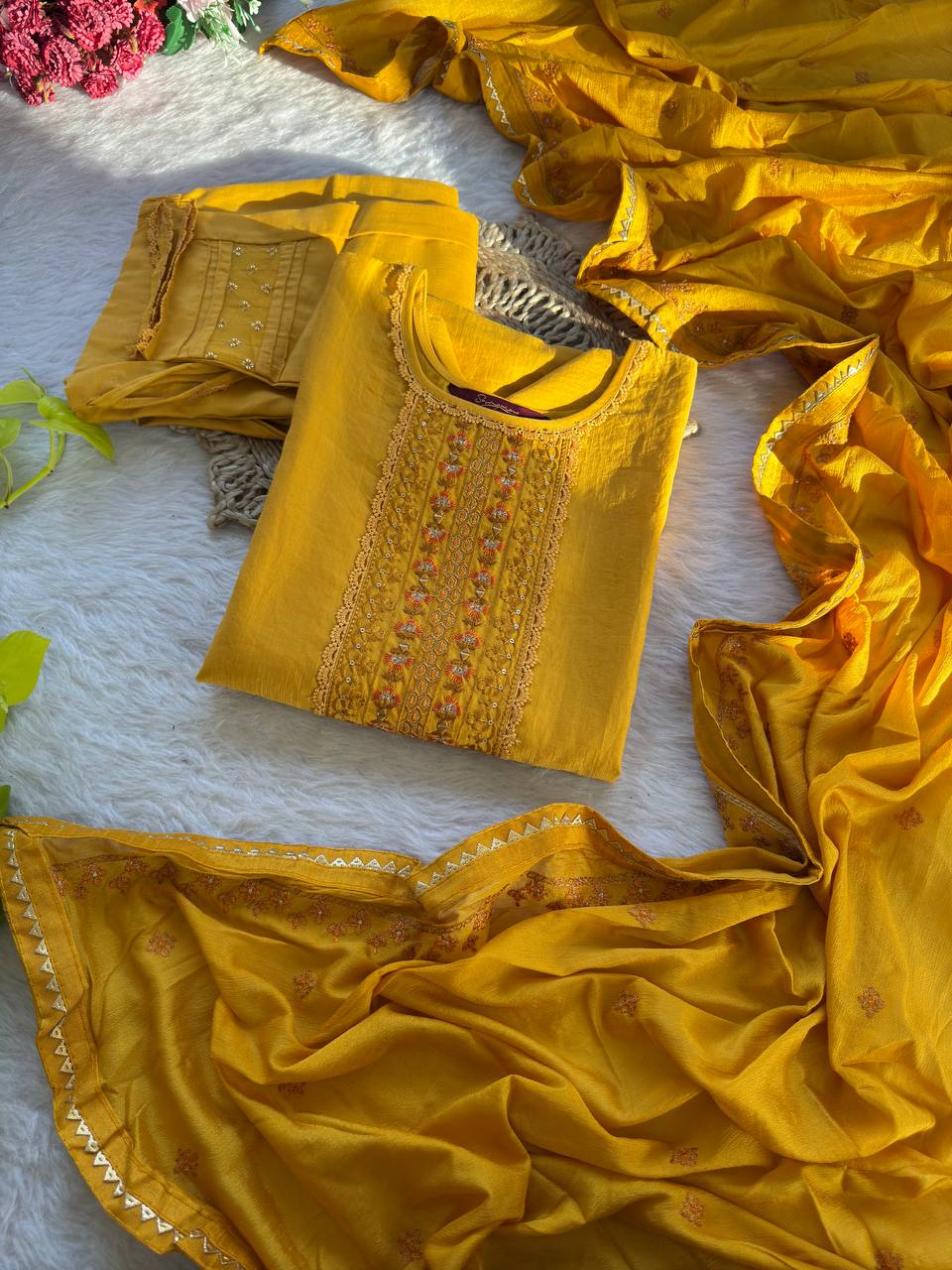 Yellow Color Embroidery Work Kurta Pant Set