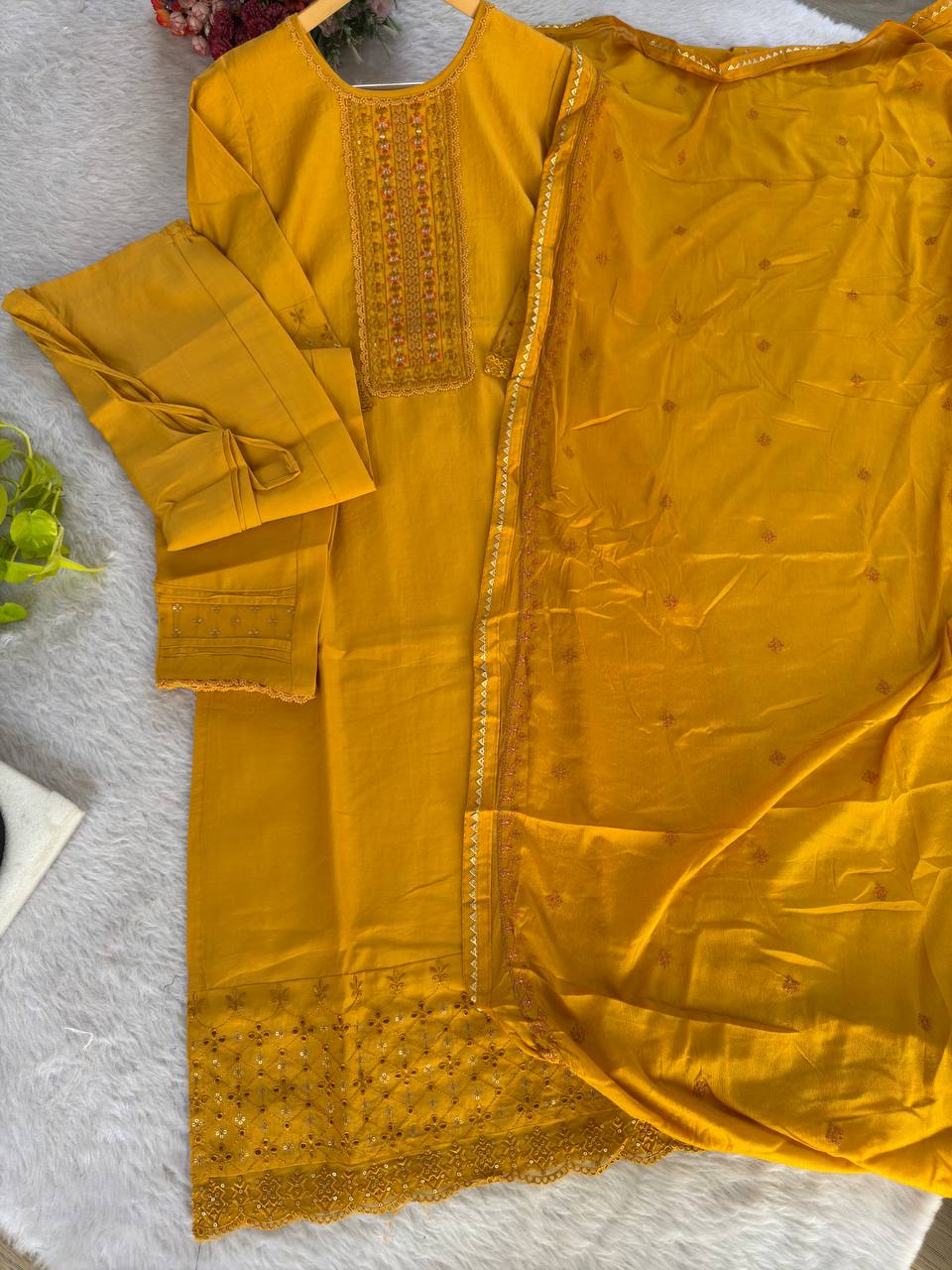 Yellow Color Embroidery Work Kurta Pant Set