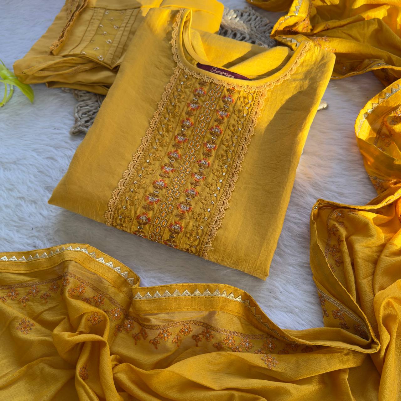 Yellow Color Embroidery Work Kurta Pant Set