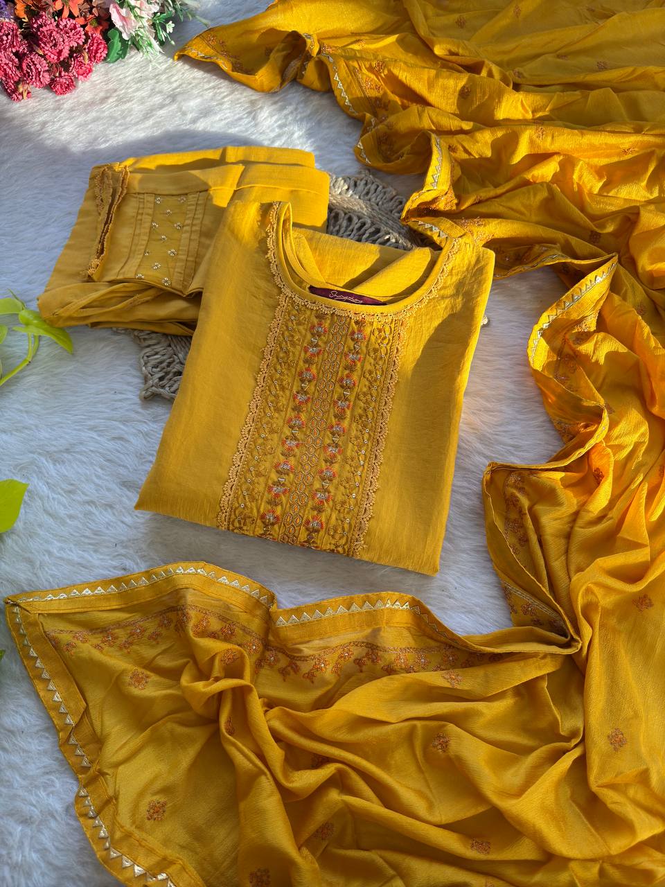 Yellow Color Embroidery Work Kurta Pant Set