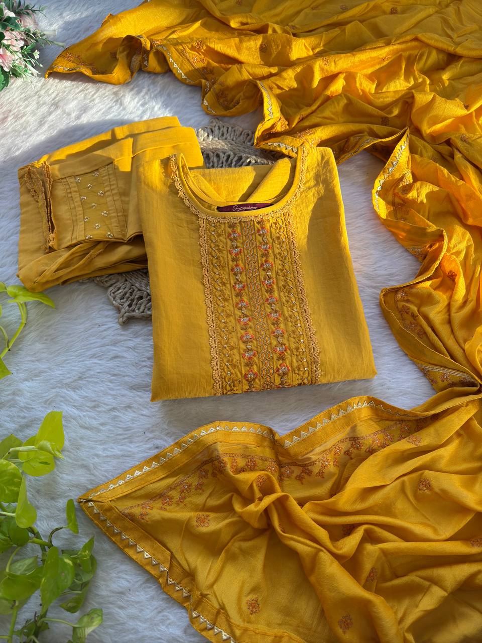 Yellow Color Embroidery Work Kurta Pant Set