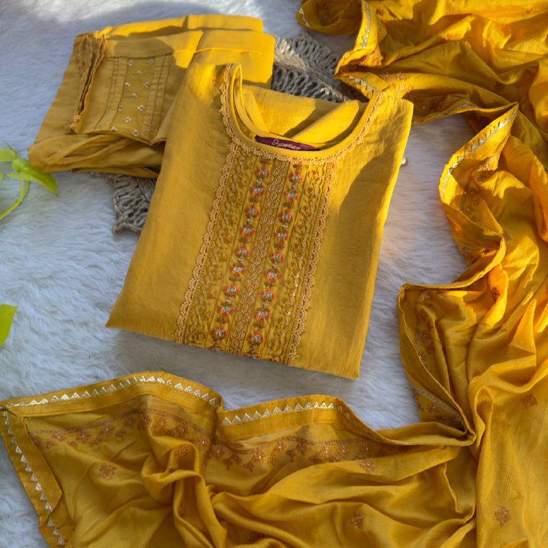 Yellow Color Embroidery Work Kurta Pant Set