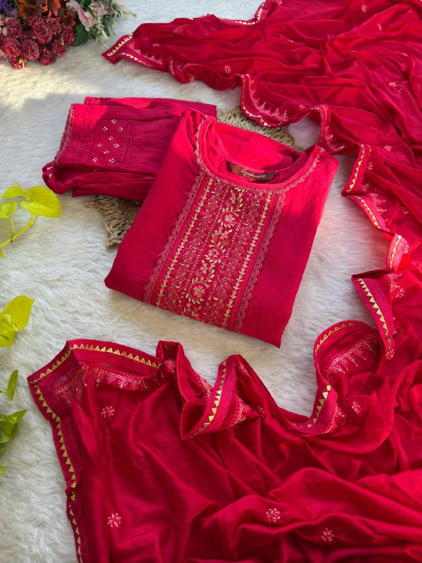 Red Color Embroidery Work Kurta Pant Set