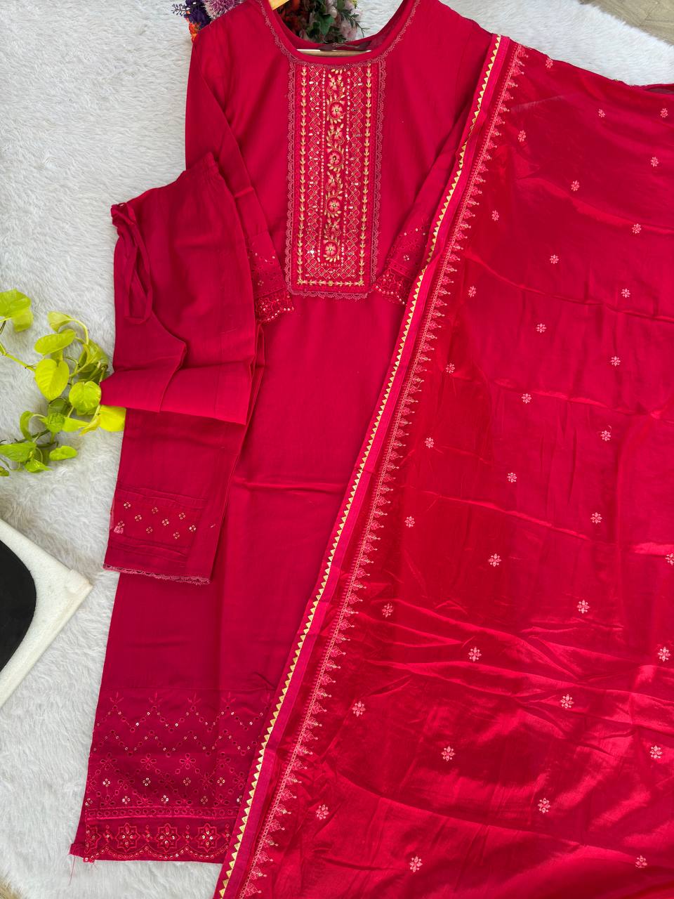 Red Color Embroidery Work Kurta Pant Set