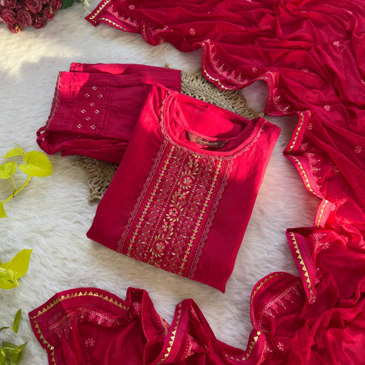 Red Color Embroidery Work Kurta Pant Set