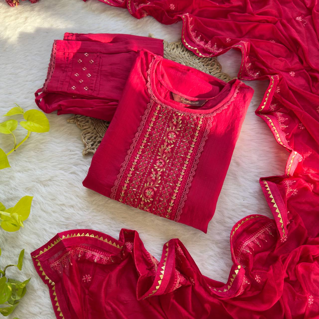 Red Color Embroidery Work Kurta Pant Set