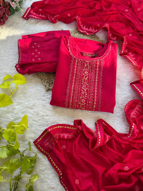 Red Color Embroidery Work Kurta Pant Set