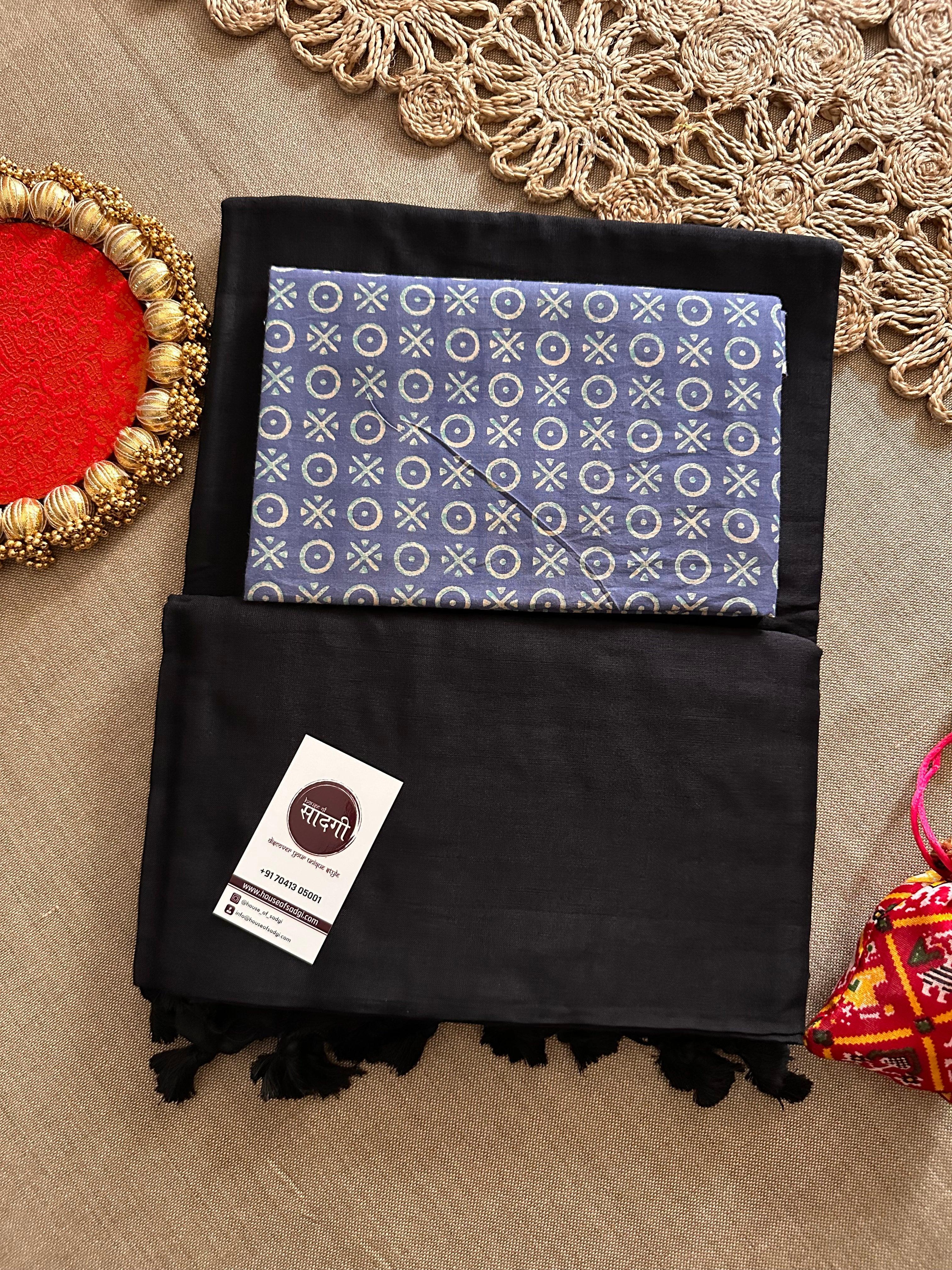 Black Handloom Khadi Cotton Saree With Blue Printed Blouse - House Of Sadgi