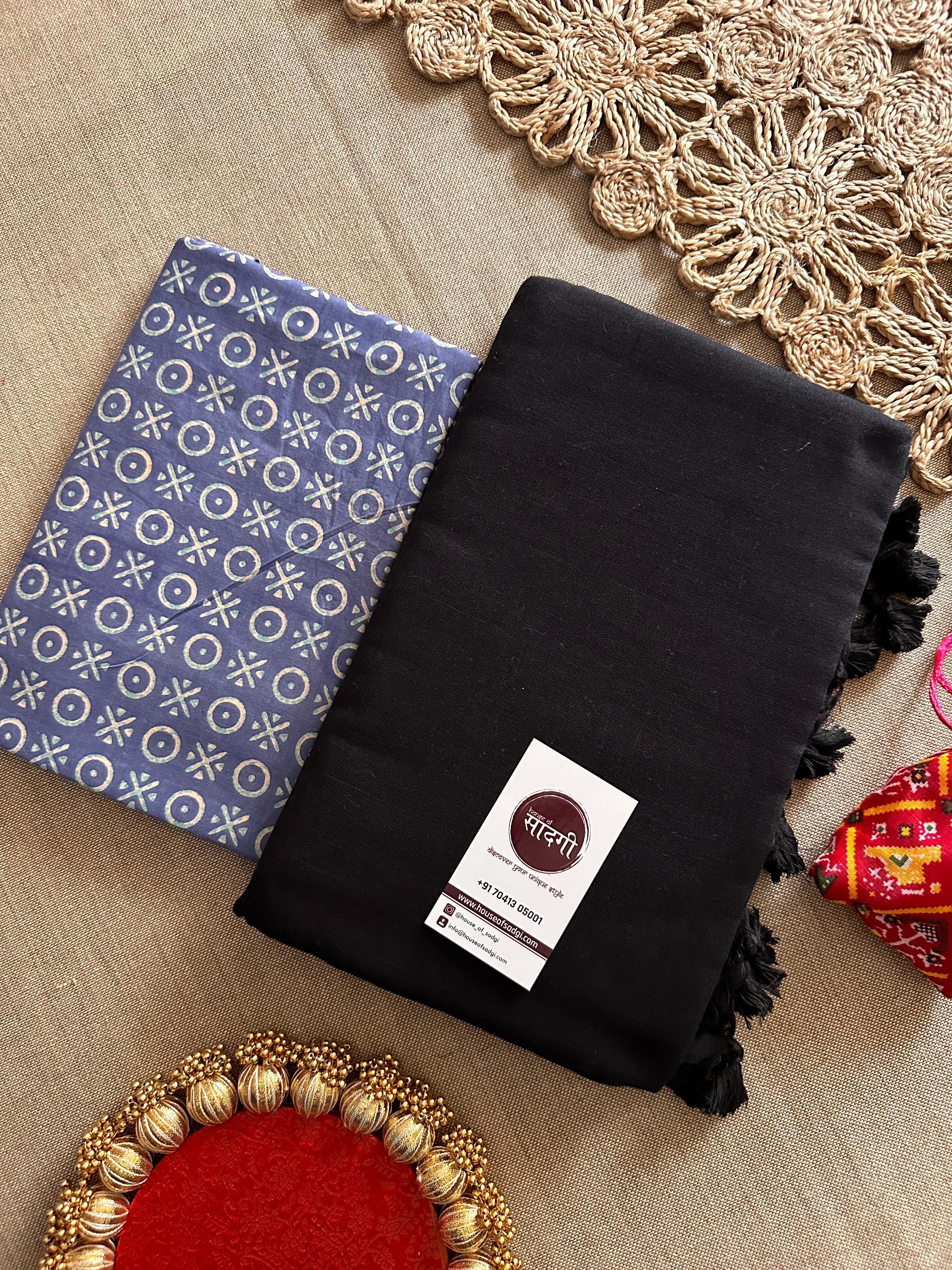 Black Handloom Khadi Cotton Saree With Blue Printed Blouse - House Of Sadgi