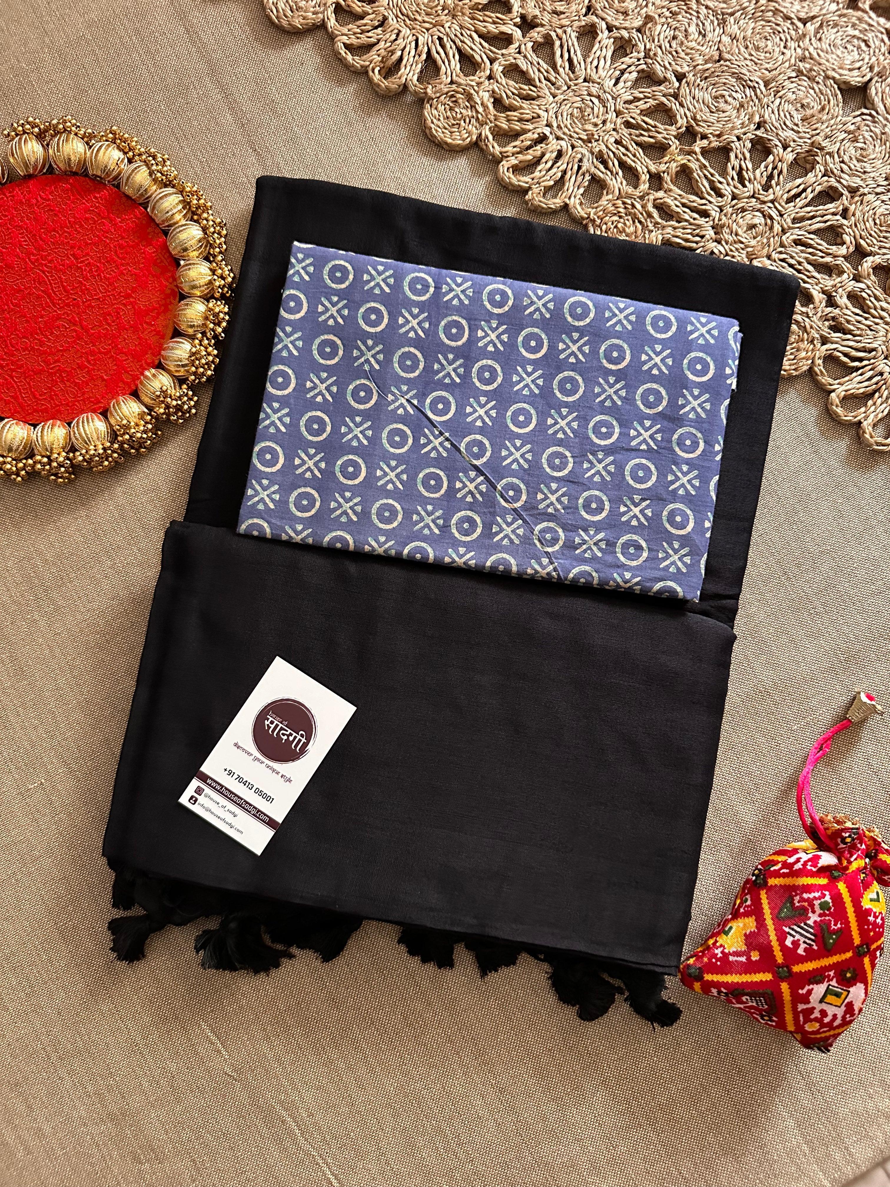 Black Handloom Khadi Cotton Saree With Blue Printed Blouse - House Of Sadgi